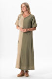 Yarım Kol V Yaka Yaprak Baskılı Uzun Müslin Yazlık Elbise Vizon/Haki Vzn/Hk