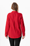 Uzun Kol Burcu Cep Detaylı Müslin Yazlık Gömlek Kırmızı Krmz