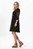 Yarım Kol Vual Yeşim Kemer Detaylı Nakışlı Kısa Yazlık Elbise Siyah Syh