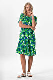 Kısa Kol Melda Viskon Desenli Midi Boy Yazlık Elbise Soyut Çimen Yşl Syt çmn