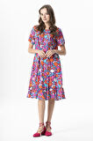 Kısa Kol Melda Viskon Desenli Midi Boy Yazlık Elbise Soyut Mor Syt mor