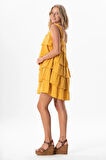 Askılı Kare Yaka Elfida Kat Kat Müslin Yazlık Kısa Elbise Hardal Hrd