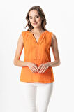 Kolsuz V Yaka Berrin Güpür Detaylı Müslin Yazlık Bluz Turuncu Trnc