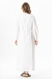 Uzun Kol Şile Bezi Gülşah Bisiklet Yaka Nakışlı Uzun Yazlık Elbise Beyaz Byz