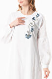 Uzun Kol Şile Bezi Gülşah Bisiklet Yaka Nakışlı Uzun Yazlık Elbise Beyaz Byz