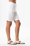 Beli Lastikli Rüzgar Diz Üstü Müslin Yazlık Şort Beyaz Byz