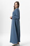 Uzun Kol Şahika Nervür Detaylı Uzun Müslin Yazlık Elbise İndigo indg