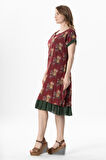 Kısa Kol Vual Defne Midi Boy Yazlık Otantik Elbise Mimoza Bordo 6230