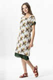Kısa Kol Vual Defne Midi Boy Yazlık Otantik Elbise Mimoza Krem 6233