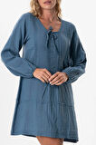 Uzun Kol Göksel Bağlama Detaylı Kısa Müslin Yazlık Elbise İndigo indg