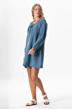 Uzun Kol Göksel Bağlama Detaylı Kısa Müslin Yazlık Elbise İndigo indg