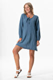 Uzun Kol Göksel Bağlama Detaylı Kısa Müslin Yazlık Elbise İndigo indg