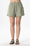 Beli Lastikli Duru Fırfır Detaylı Müslin Yazlık Kısa Şort Zeytin Yeşili Zytnysl