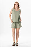 Beli Lastikli Duru Fırfır Detaylı Müslin Yazlık Kısa Şort Zeytin Yeşili Zytnysl