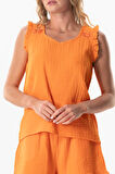Kolsuz Fırfır Detaylı Duru Oval Yaka Müslin Yazlık Bluz Turuncu Trnc