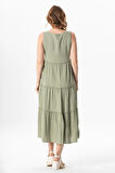 Kolsuz Artemis Oval Yaka Yıldız Baskılı Midi Boy Müslin Yazlık Elbise Zeytin Yeşili Zytnysl