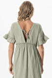 Kısa Kol Büzgülü Afra Midi Boy Yazlık Müslin Elbise Zeytin Yeşili Zytnysl
