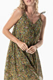Askılı Vual Afrodit Midi Boy Yazlık Elbise Çiçek Yeşil 6241