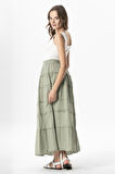 Benan Beli Lastikli Uzun Yazlık Müslin Etek Zeytin Yeşili Zytnysl