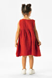 Kolsuz Bilge Yazlık Müslin Çocuk Elbise Kırmızı Krmz