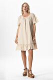 Kısa Kol Vual Katre Güpür Kısa Yazlık Elbise Bej Bej