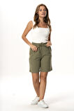 İnci Bağlamalı Uzun Yazlık Müslin Şort Haki Hk