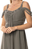 Askılı Kleopatra Kol Detaylı Uzun Müslin Yazlık Elbise Gri Gri