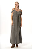 Askılı Kleopatra Kol Detaylı Uzun Müslin Yazlık Elbise Gri Gri