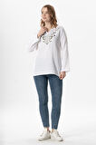 Uzun Kol Çiçek V Yaka Nakışlı Müslin Yazlık Bluz Beyaz Byz