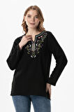 Uzun Kol Çiçek V Yaka Nakışlı Müslin Yazlık Bluz Siyah Syh