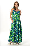 Askılı Viskon Suzan Uzun Yazlık Elbise Soyut Çimen Yeşil