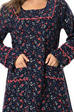 Uzun Kol Firdevs Kare Yaka Cep Detaylı Kısa Kışlık Pazen Elbise Çiçek Desen Lacivert Lcvt