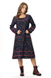 Uzun Kol Firdevs Kare Yaka Cep Detaylı Kısa Kışlık Pazen Elbise Çiçek Desen Lacivert Lcvt