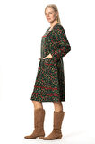 Uzun Kol Firdevs Kare Yaka Cep Detaylı Kısa Kışlık Pazen Elbise Çiçek Desen Yeşil Ysl