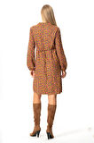 Uzun Kol Fahriye Pazen Çiçek Desenli V Yaka Kısa Sonbahar ve Kışlık Elbise Hardal Hrd