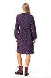 Uzun Kol Fahriye Pazen Çiçek Desenli V Yaka Kısa Sonbahar ve Kışlık Elbise Mor Mor