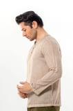Uzun Kol Bora V Yaka Düğmeli Poplin Erkek Tişört | Yazlık Erkek Tshirt Bej Bej