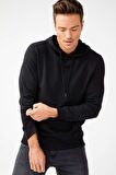 ERKEK SİYAH MODERNFIT / EKSTRA DAR KALIP KAPŞONLU FERMUARSIZ SWEATSHİRT