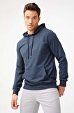 Erkek İndigo Modernfit / Ekstra Dar Kalıp Kapşonlu Fermuarsız Sweatshirt