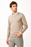Bej Standart Fit Dar Kalıp V Yaka Düz Uzun Kollu  Triko