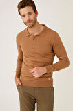 Açık Kahve Standart Fit Dar Kalıp Polo Yaka Düz Uzun Kollu  Triko