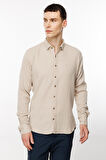 Bej Dynamic Fit  Düğmeli Yaka Düz Uzun Kollu Cepsiz Pamuklu Gömlek