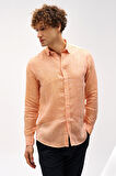 Turuncu Dynamic Fit Düğmeli Yaka Düz Uzun Kollu Cepsiz %100 Keten Gömlek
