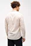 Bej Dynamic Fit  Düğmeli Yaka Çizgili Uzun Kollu Cepsiz Pamuklu Gömlek