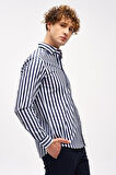 Lacivert Dynamic Fit  Düğmeli Yaka Çizgili Uzun Kollu Cepsiz %100 Pamuk Gömlek