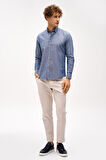Lacivert Dynamic Fit  Düğmeli Yaka Düz Uzun Kollu Cepsiz Pamuklu Gömlek