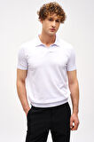 Beyaz Slim Fit Dar Kalıp Polo Yaka Düz Kısa Kollu Triko Tişört