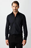 Siyah Slim Fit Dar Kalıp Klasik Yaka Düz Uzun Kollu Cepsiz %100 Pamuk Gömlek
