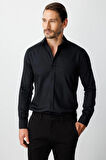 Siyah Slim Fit Dar Kalıp Klasik Yaka Düz Uzun Kollu Cepsiz %100 Pamuk Gömlek