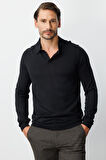 Siyah Standart Fit  Polo Yaka  Düz Uzun Kollu  Triko